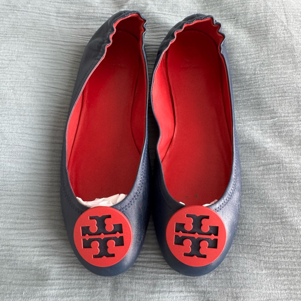 Tory Burch Minnie Travel Ballet Navy&Red Size 9.5